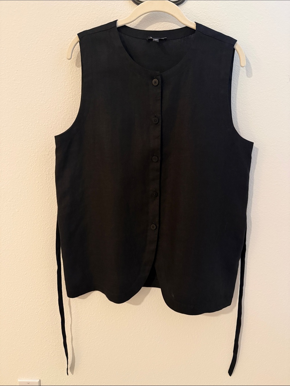 Eileen Fisher Black Sleeveless Button-Front Top with Side Ties